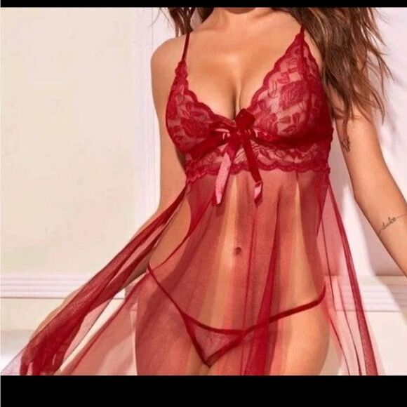 Mesh Lace Burgandy Babydoll Set - Picture 6 of 9